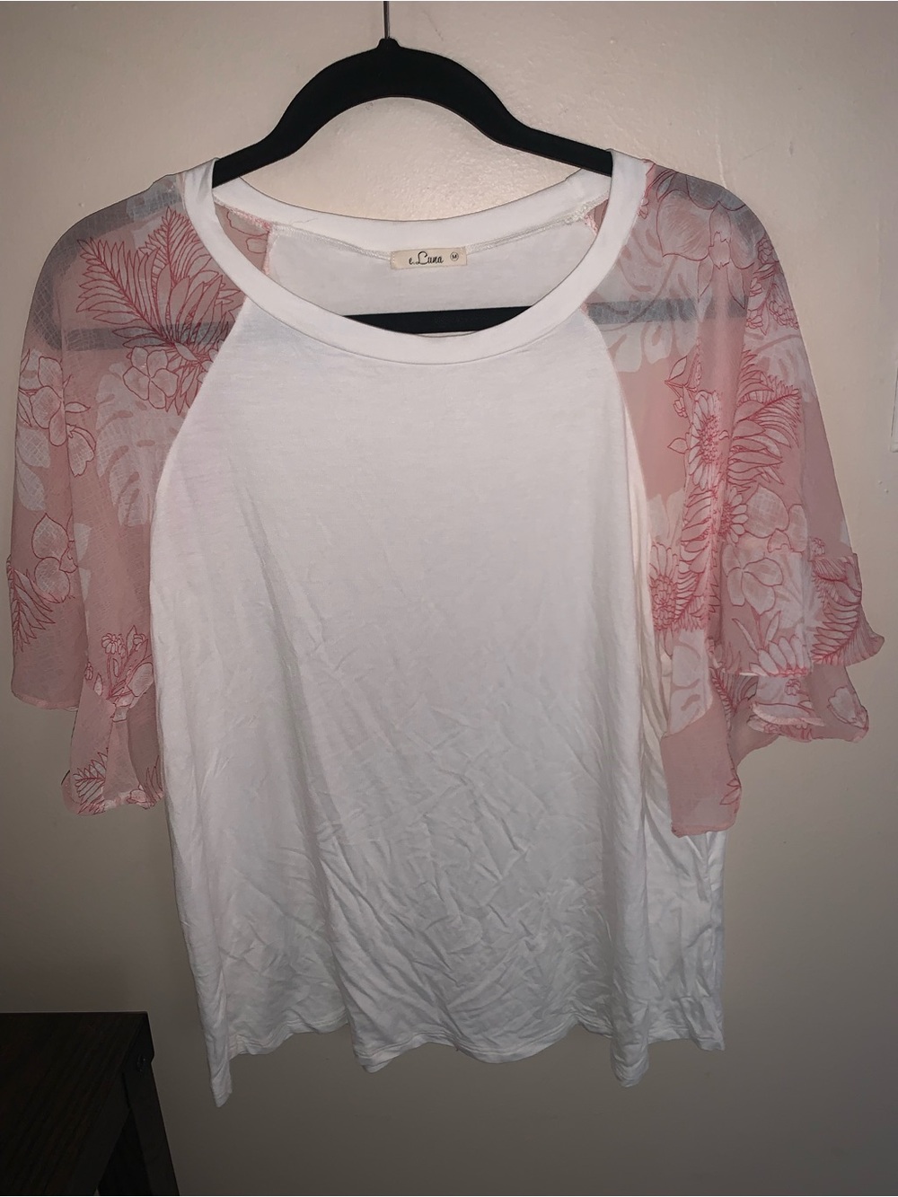White Knit Tee with Pink Floral Sheer Ruffle Sleeves by Luna